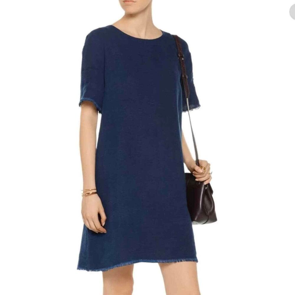 Simon Miller Textured Cotton Shift Dress SZ S | Raw Hem Frayed Tunic Denim